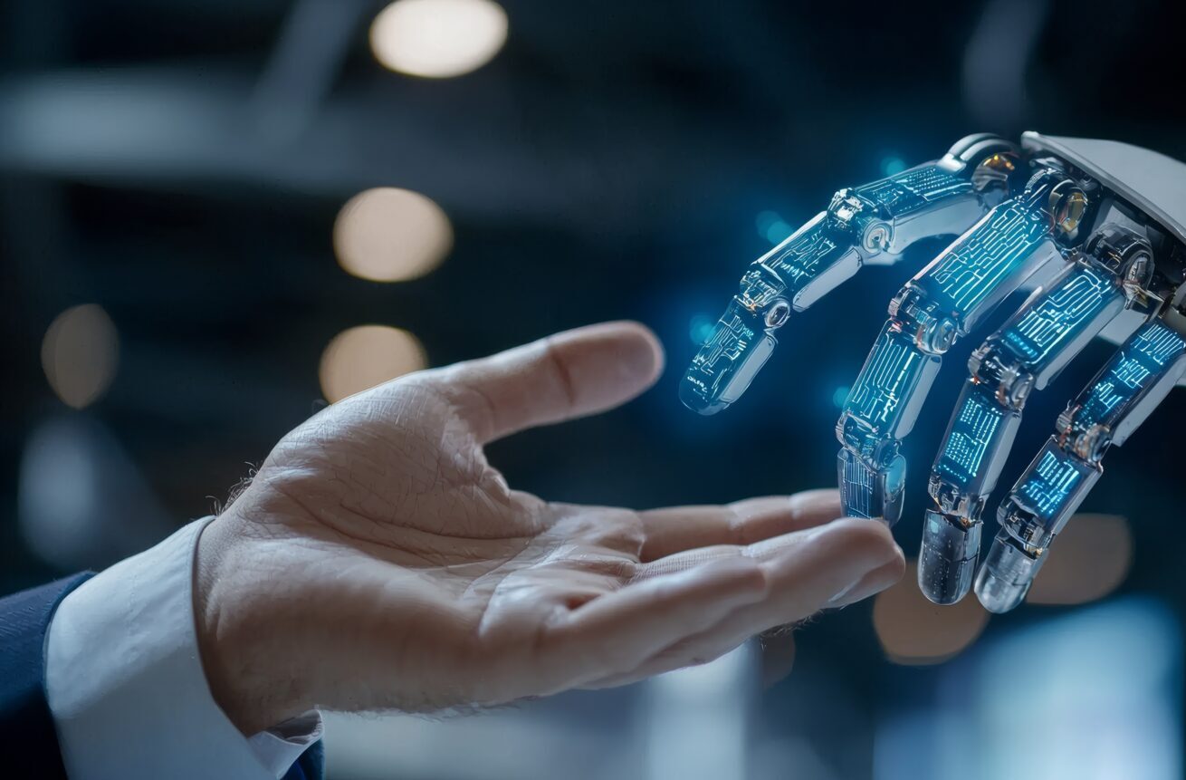 Close-up of a consultant discussing ai technology applications with a client focusing on business transformation